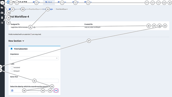 Screenshot of the LogicGate application's record page with circles denoting which items have tab focus.