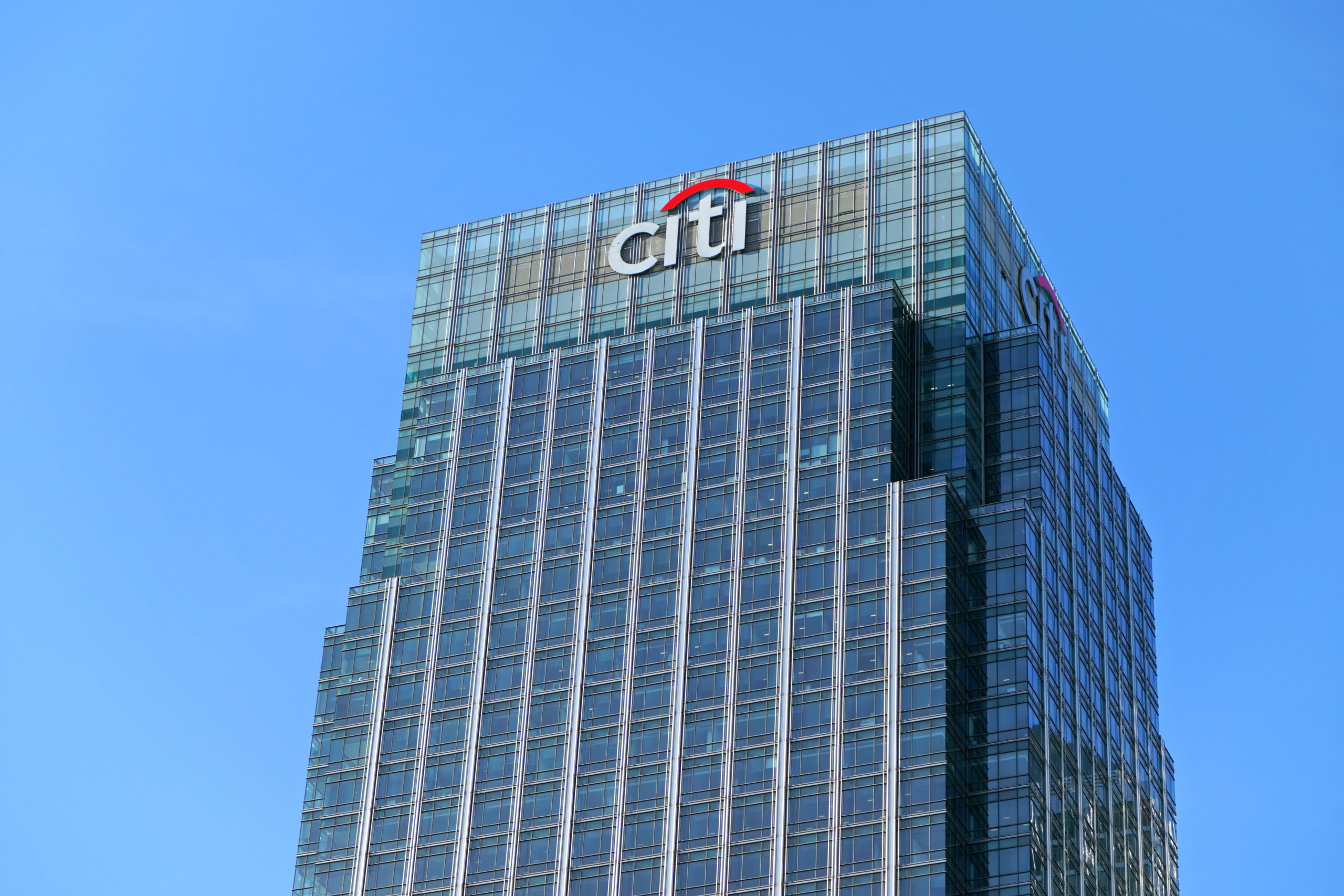 London, United Kingdom - February 03, 2019: Citi EMEA headquarters building at Canary Wharf. Citibank (Citigroup Inc.) is American investment bank founded 1988.