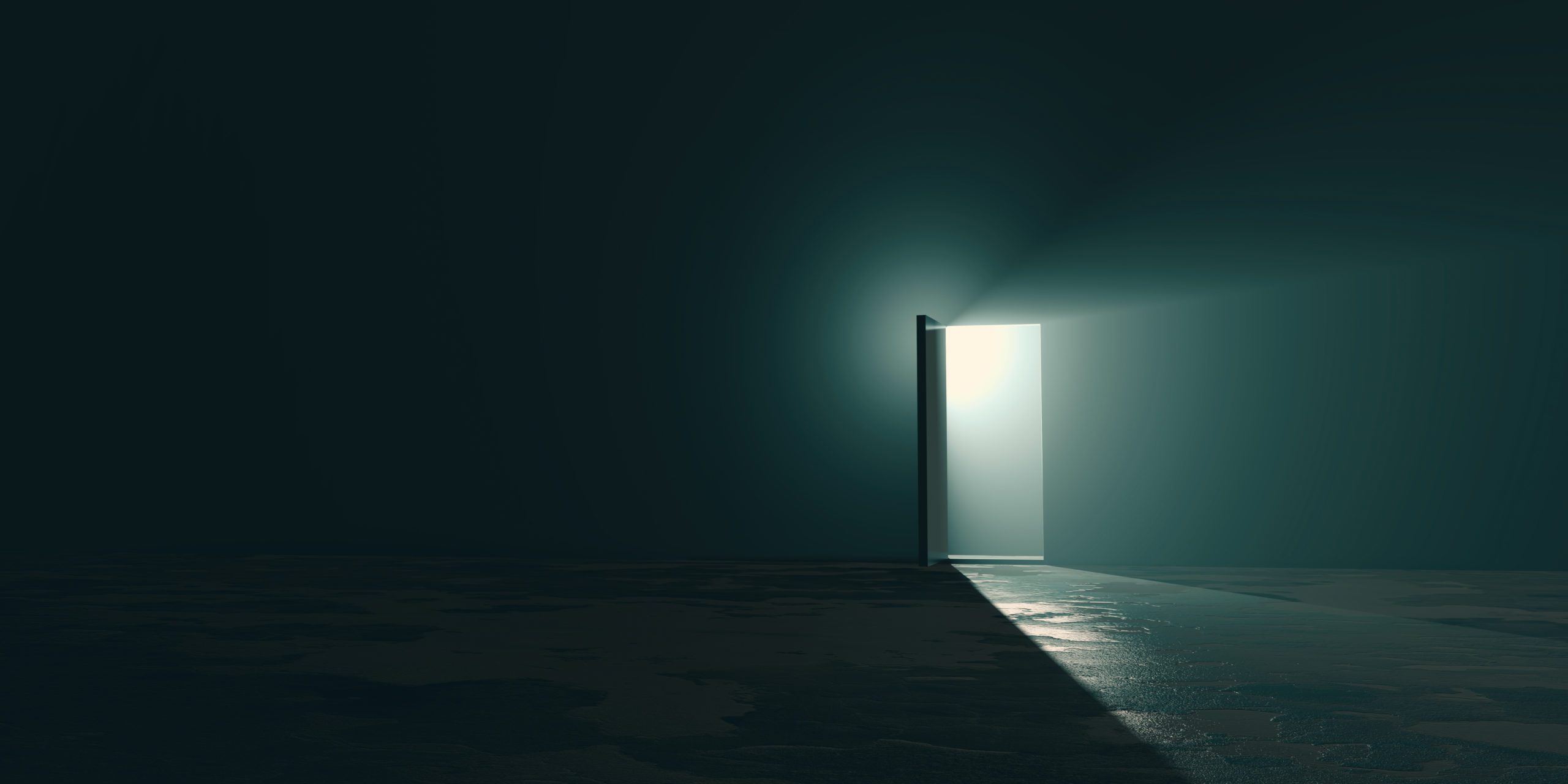 Copyspace design of hope amid the gloom concept, a bright exit door in dark room, the light at the end of the tunnel