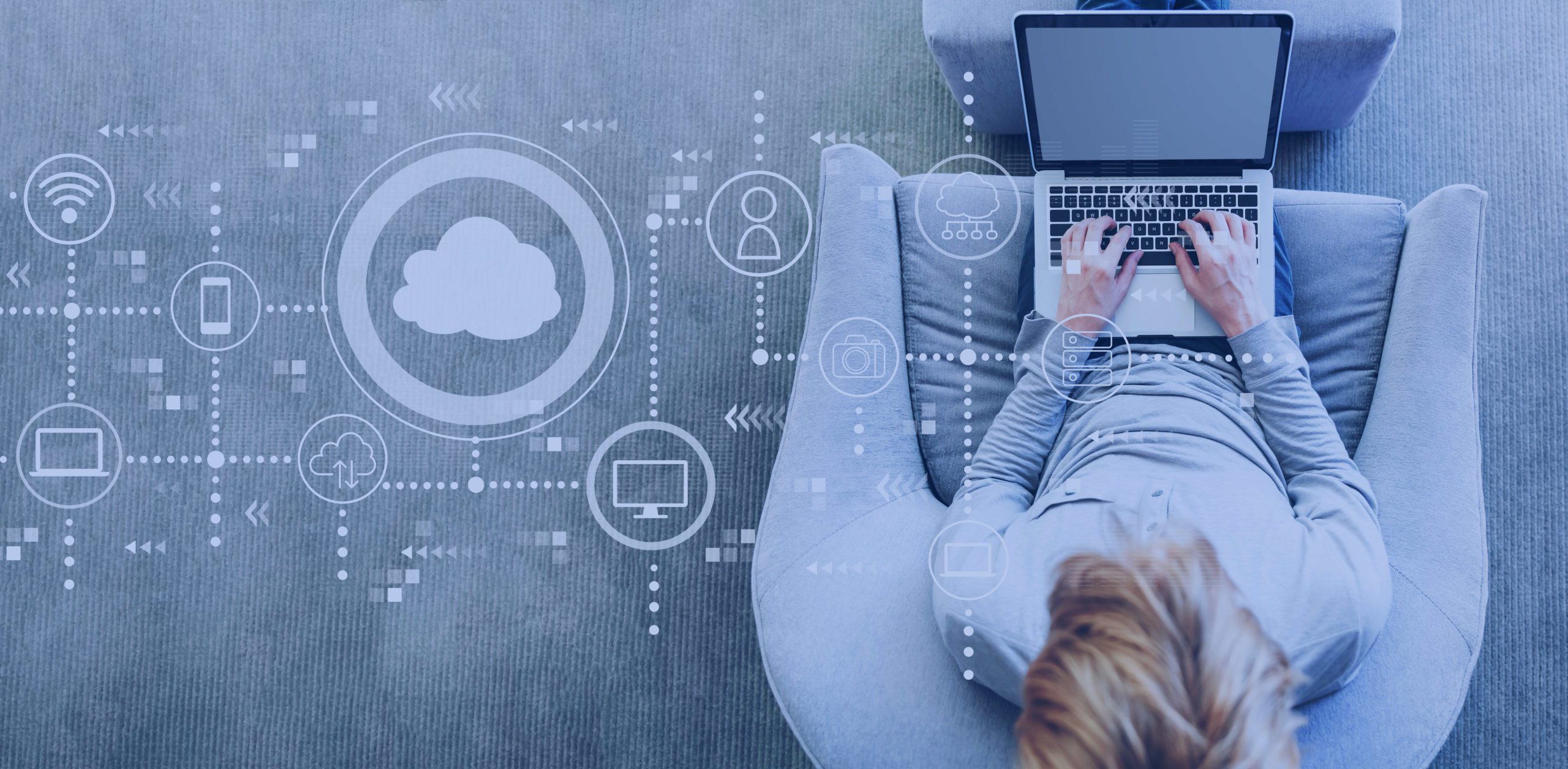 Man using lap top with cloud technology