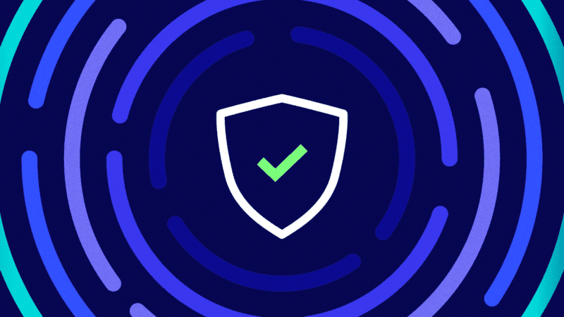 A shield with a check mark inside it against a dark blue background.