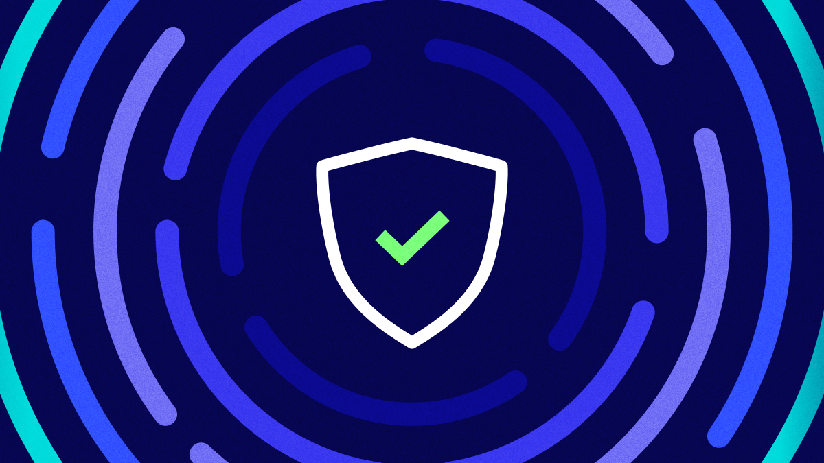 A shield with a check mark inside it against a dark blue background.