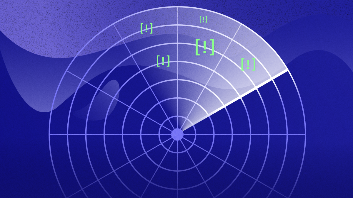 A radar display with incoming exclamation marks representing cyber risks.