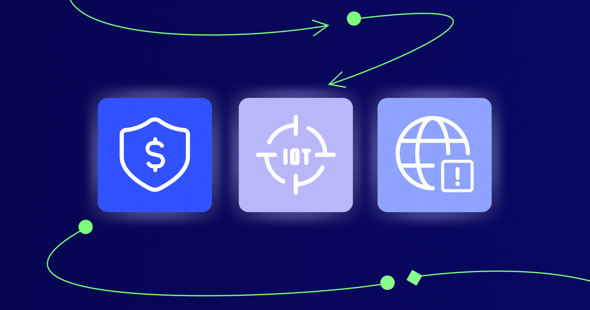 A shield with a dollar sign in it, IoT in the crosshairs, and a globe with a lock on it against a dark blue background.