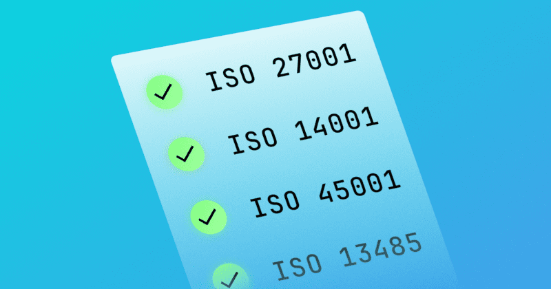 A checklist featuring the names of various ISO standards against a blue background.