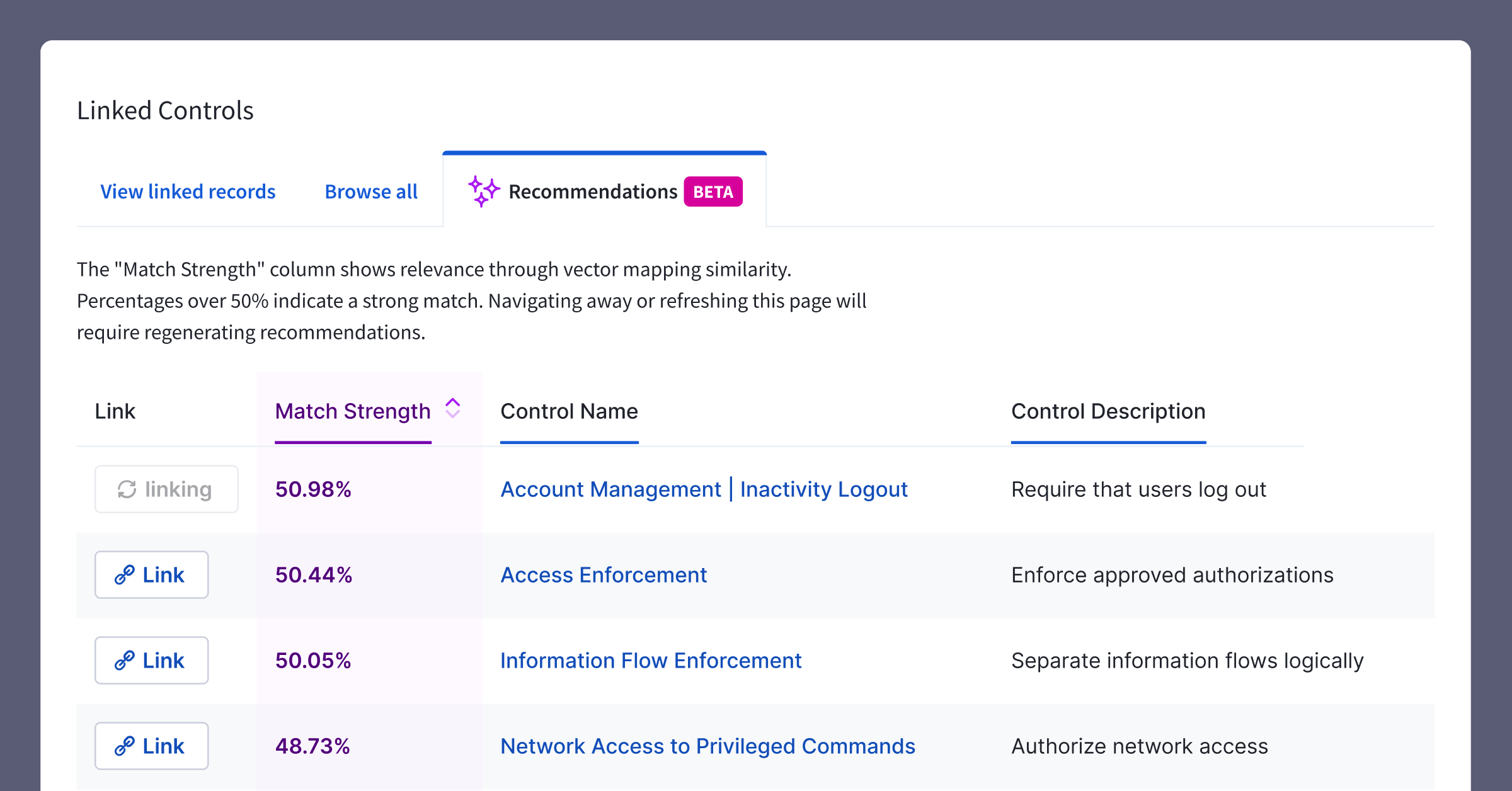 Spark AI, a Risk Cloud feature, visualizing Recommendations for Linked Controls