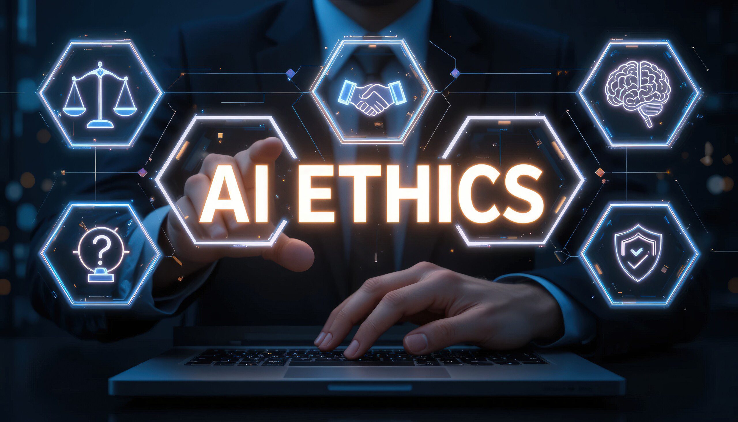 AI ethics or AI law concept. Businessman with ai ethics icon on virtual screen for compliance, regulation, standard , business policy and responsibility.